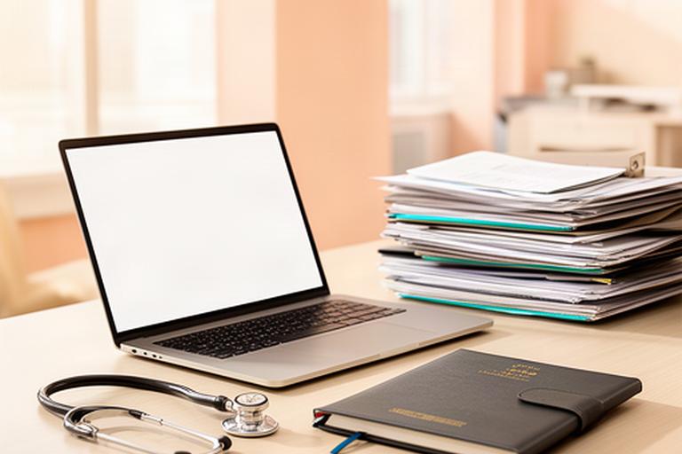 Bright professional office with a laptop, stethoscope, legal notebook, and organised client files